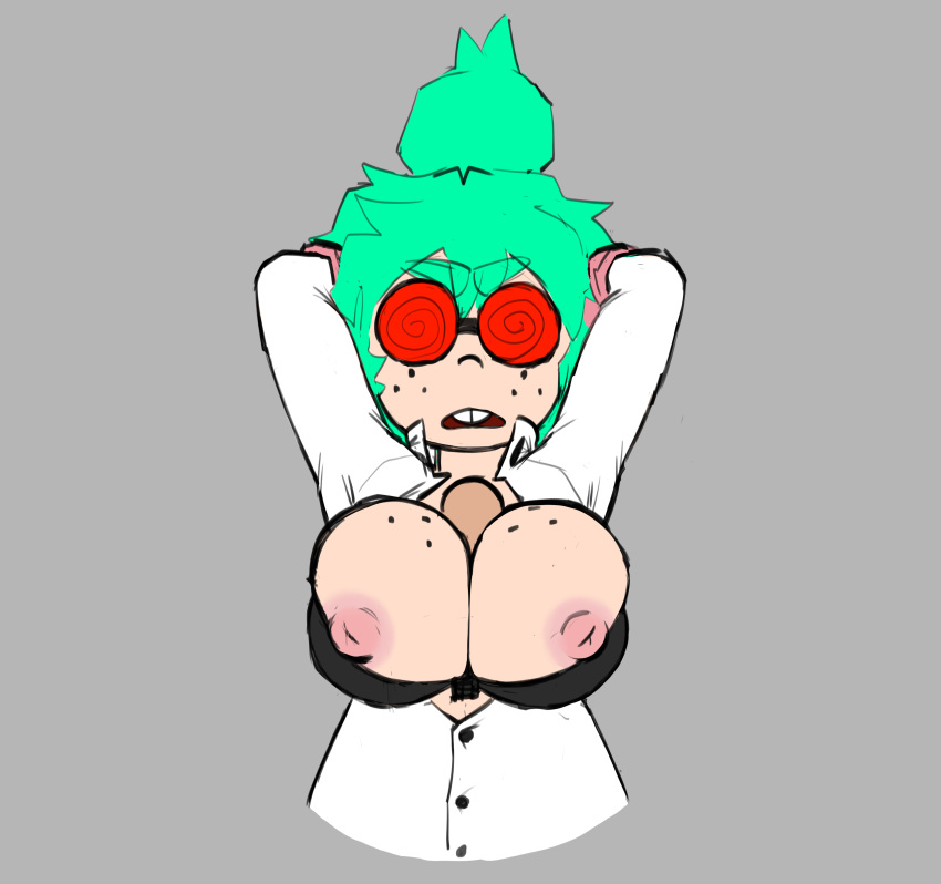 arms_behind_head arms_up black_bra freckles freckles_on_chest glasses green_hair hair_bun labcoat messy_hair mosa nipples paizuri penis_between_breasts rawhell red_glasses scientist short_hair titfuck titjob unbuttoned