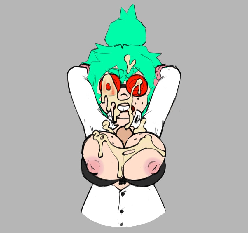 arms_behind_head arms_up black_bra cum_on_breasts cum_on_face cum_on_hair freckles freckles_on_chest glasses green_hair hair_bun labcoat messy_hair mosa nipples paizuri penis_between_breasts rawhell red_glasses scientist short_hair titfuck titjob unbuttoned