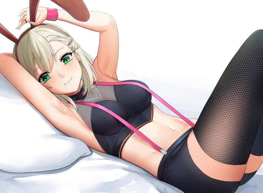 armpits arms_up belly_button bunny_ears bunny_girl dobure18 green_eyes grey_hair miyu_ottavia nijisanji nijisanji_indonesia stomach suspenders virtual_youtuber