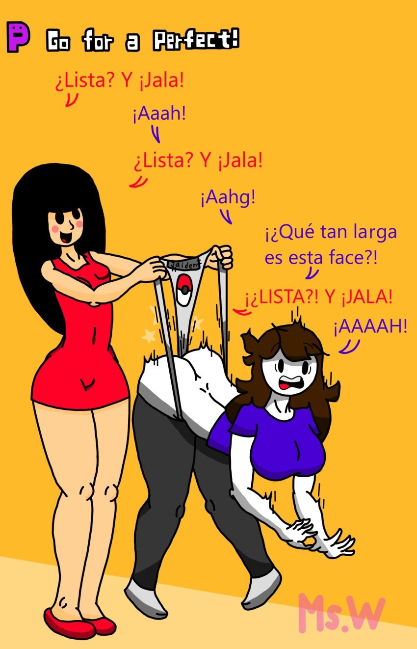 2girls black_hair blush brown_hair english_text female girl_(rhythm_heaven_fever) hanging_wedgie humiliation jaiden jaiden_animations jaidenanimations mob_face mswedgie123 nerd nintendo no_sex off_the_ground purple_shirt red_dress rhythm_heaven rhythm_tengoku simple_eyes simple_face spanish spanish_text text wedgie white_skin yellow_background