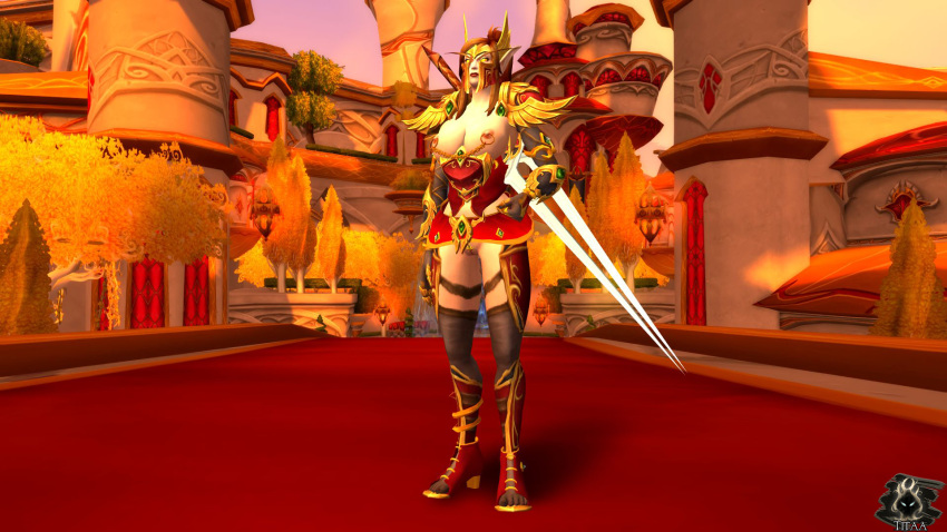 blood_elf brown_hair casual_nudity high_heels jewelry miniskirt pierced_nipples piercing pose revealing_armor revealing_clothes silvermoon sword titaa world_of_warcraft yellow_eyes