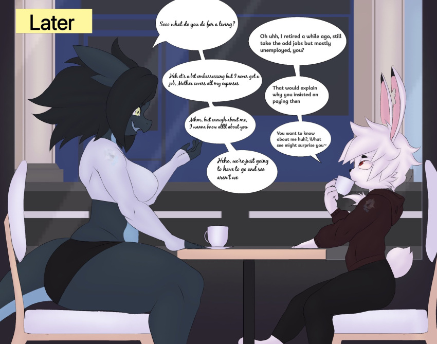 arthur_(snowyblue) ass blue_skin breasts cafe coffee comic comic_page crop_top dark_hair dialogue digital_media_(artwork) dragon eva_(snowyblue) gold_eyes hoodie long_ears rabbit red_eyes short_hair sitting snowyblue tail thick_thighs watermark white_fur white_hair yellow_eyes