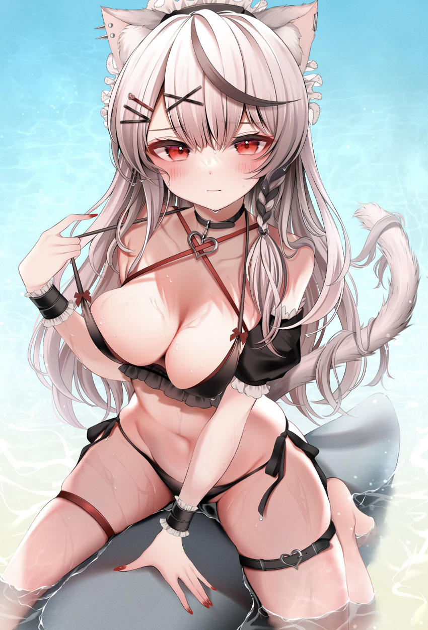 animal_ears bangs barefoot bikini bikini_pull black_bikini black_collar blush braid breasts buckle cat_ears cat_tail cleavage closed_mouth clothes_pull collar commentary_request detached_sleeves ear_piercing female frills furrowed_brow grey_hair hair_ornament hairclip hand_up heart heart-shaped_buckle heart_pendant highres hololive hololive_japan holox long_hair looking_at_viewer maid_headdress medium_breasts nail_polish namagome_negi navel piercing pulled_by_self red_eyes red_nails riding sakamata_chloe side-tie_bikini single_detached_sleeve skindentation solo stomach strap_pull swimsuit tail thigh_strap virtual_youtuber water wavy_hair wet wrist_cuffs x_hair_ornament