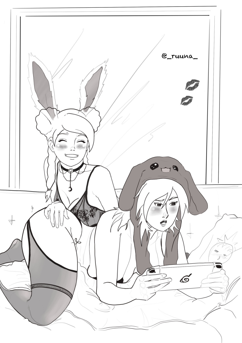 2girls big_breasts blush bra breasts bunny_ears dakimakura_pillow embarrassed fake_animal_ears female female_only game_controller garter_belt garter_straps grin holding_object hood joy-con lingerie monochrome multiple_girls nara_shikamaru naruto naruto:_the_last naruto_(series) naruto_shippuden necklace pendant playing_videogame ruuna slumber_party smile stockings temari tenten video_game