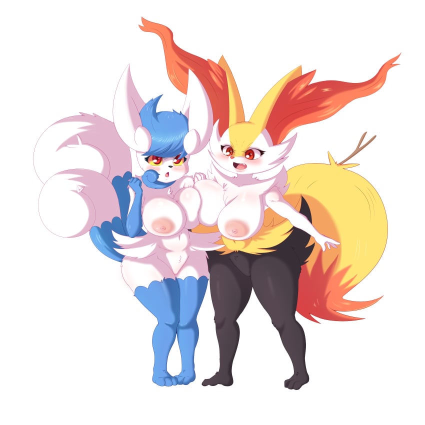 2022 absurd_res anthro big_breasts blue_body blue_fur braixen breasts digital_media_(artwork) duo female female/female fur hi_res mammal meowstic nintendo nipples nyasplush pink_nipples pokémon_(species) pokemon pokemon_(species) red_body red_fur video_games white_body white_fur yellow_body yellow_fur