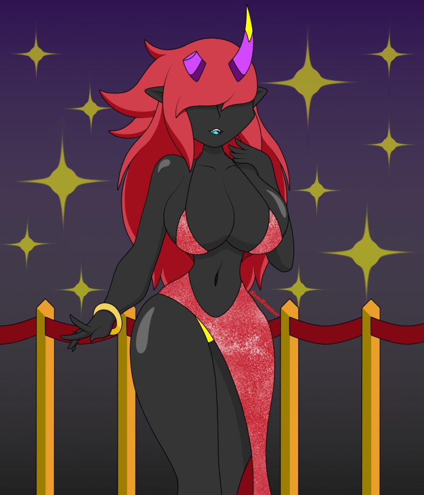 big_breasts black_body black_skin breasts challenge character clothing crystalworld daphne_dress monster monster_girl nora_(crystalworld) oc oni oni_girl oni_horns original original_character red_hair samrunner thick_thighs thighs yellow_panties