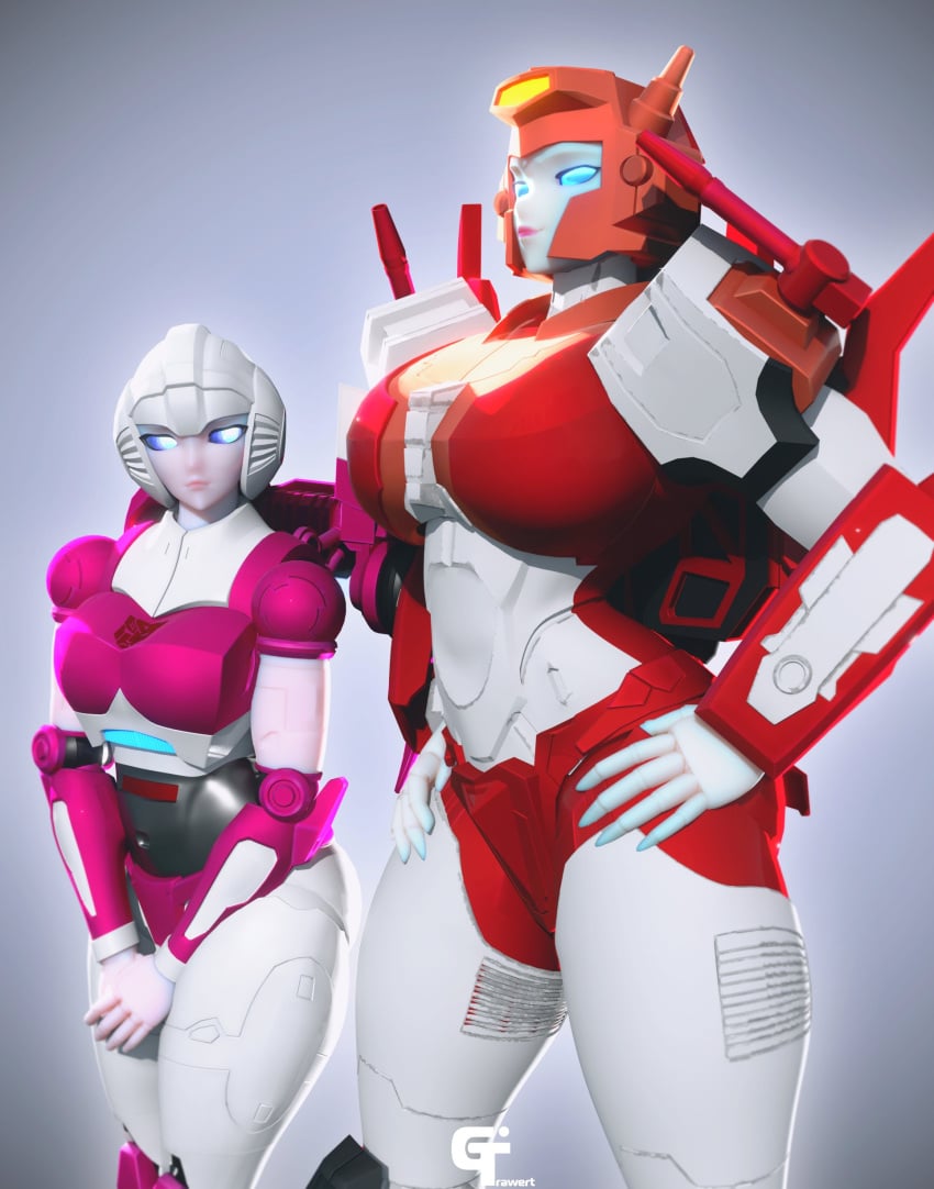 2girls 3d 3d_(artwork) arcee arcee_(g1) autobot big_breasts breast_envy breast_size_difference cybertronian elita_1 elita_one female female_autobots female_only multiple_girls robot robot_girl tagme transformers trawert