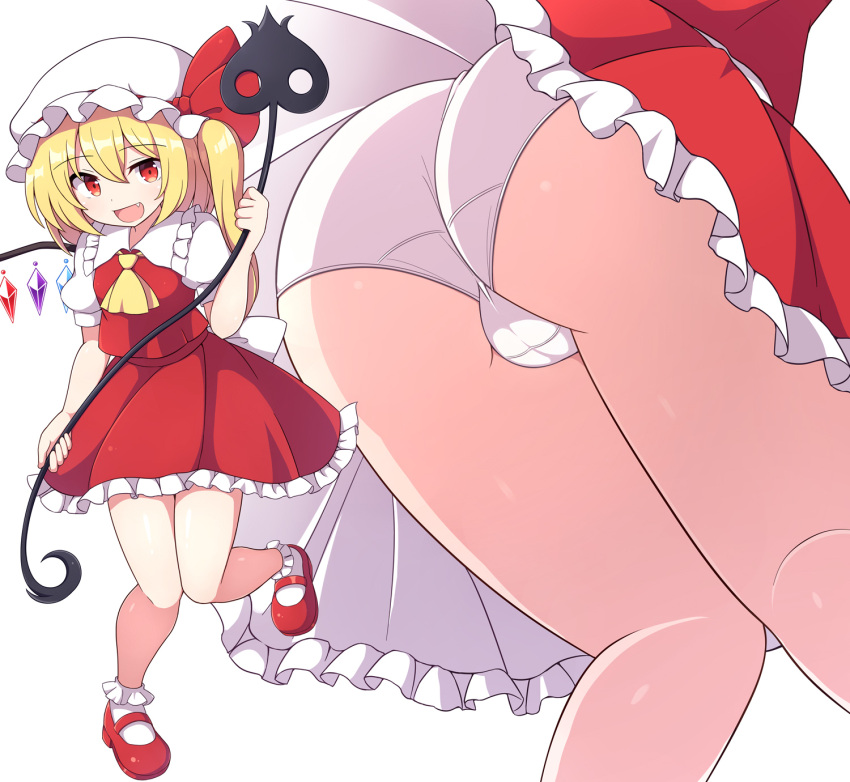 1girls :d ascot ass ass_focus blonde_hair crystal eyebrows_visible_through_hair fang female female_only flandre_scarlet from_below full_body hat highres holding laevatein_(touhou) long_hair looking_at_viewer mary_janes mob_cap multiple_views open_mouth panties red_eyes red_footwear red_skirt rizento shoes side_ponytail simple_background skirt smile solo standing standing_on_one_leg thighs touhou underwear white_background white_headwear white_panties wings yellow_ascot