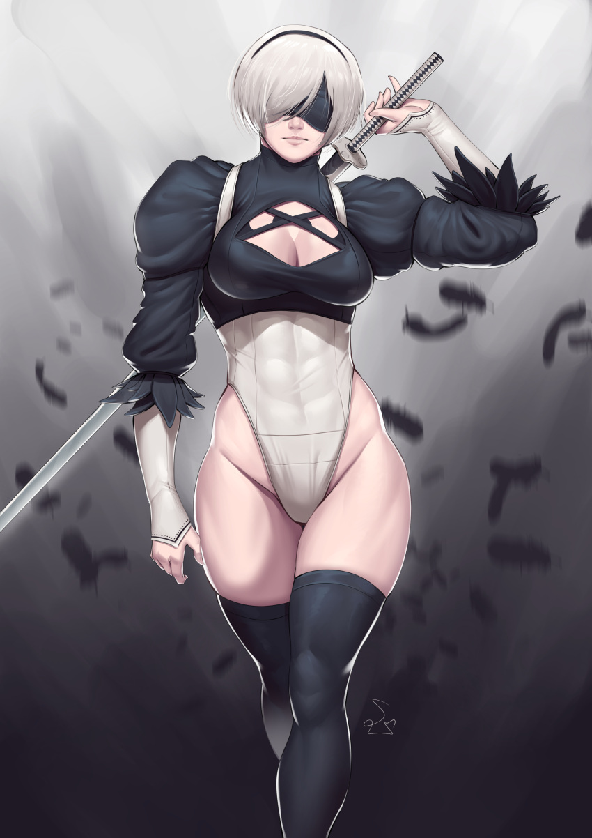 1girls abs abs_visible_through_clothing android athletic_female black_blindfold black_headband black_thighhighs blindfold bob_cut boob_window breasts cleavage clothing female headband holding_katana holding_object holding_weapon katana leotard muscular muscular_female nier:_automata solo solo_female speedl00ver standing sword thighhighs thighs thong_leotard white_hair white_thong_leotard yorha_2b