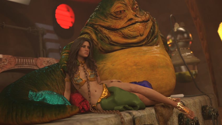 1boy 1girls 3d alexbridger alien alien/human armlet armwear background barefoot bikini bra brown_hair chain_leash chains clothed clothed_female clothing collar detailed_background duo feet female footwear forced green_clothing green_skin hand_on_leg hand_on_shoulder human humansub hutt indoors interspecies jabba's_palace jabba_the_hutt larger_male light-skinned_female light_skin loincloth long_hair male navel neckwear nude_male original_character pelvic_curtain pillow sad shan_(alexbridger) sitting size_difference slave slave_bikini slave_leia_(cosplay) slave_leia_costume slave_outfit smaller_female star_wars straight tail tatooine toes ugly_bastard