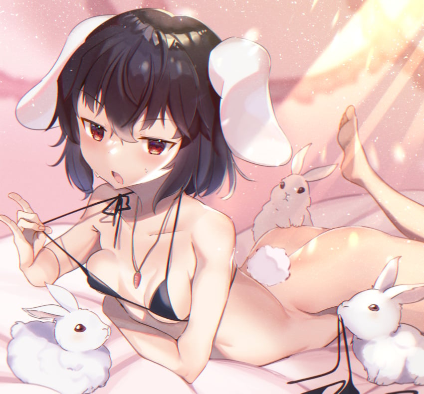 1girls animal animal_ears ass barefoot bikini bikini_bottom_removed black_bikini black_hair breasts bunny_ears bunny_girl bunny_tail carrot_necklace collarbone commentary_request eyebrows_visible_through_hair female floppy_ears highres hiiragi_ken leg_up looking_at_viewer lying micro_bikini on_stomach open_mouth rabbit rabbit_ears rabbit_girl rabbit_tail red_eyes short_hair small_breasts soles solo sweat swimsuit tail tewi_inaba touhou