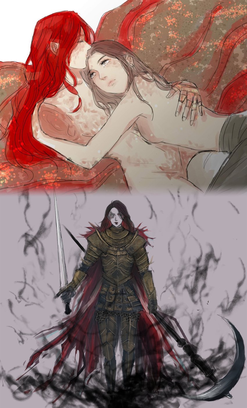 2girls amputee armor barbozari brown_hair cleanrot_knight_finlay elden_ring female female_only finlenia fromsoftware hugging light-skinned_female malenia_blade_of_miquella multiple_girls nude nude_female prosthetic red_hair sword wholesome wings yuri