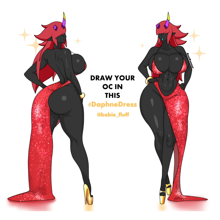 ass big_ass big_breasts big_butt black_body black_skin breasts challenge character clothing crystalworld daphne_dress looking_back monster monster_girl nora_(crystalworld) oc oni oni_girl oni_horns original original_character red_hair samrunner thick_thighs thighs