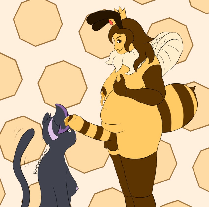 anthro arthropod bee big_breasts big_penis black_body black_fur bodily_fluids breasts chubby_anthro chubby_gynomorph cloe_(pixiecatsupreme) cum domestic_cat felid feline felis female fur futanari genital_fluids genitals gynomorph gynomorph/female holding_breast hymenopteran insects intersex intersex/female mammal no_humans penis pixiecatsupreme size_difference slightly_chubby striped_body stripes tongue tongue_out unusual_bodily_fluids unusual_cum unusual_genital_fluids wings yellow_body yellow_fur