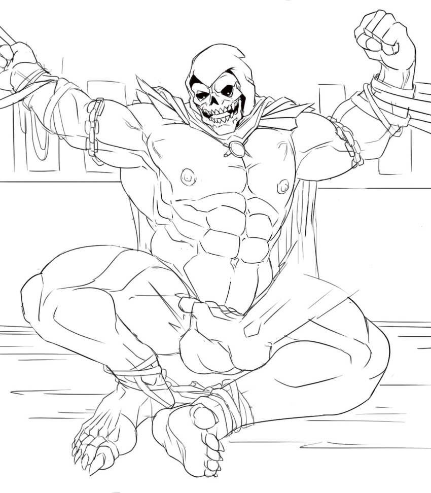 2boys bulge chains claws dark_eyes dick erection_under_clothes feet gflouf looking_down male male/male male_only masters_of_the_universe muscular muscular_male nipples pecs skeleton skeletor sketch skull tagme