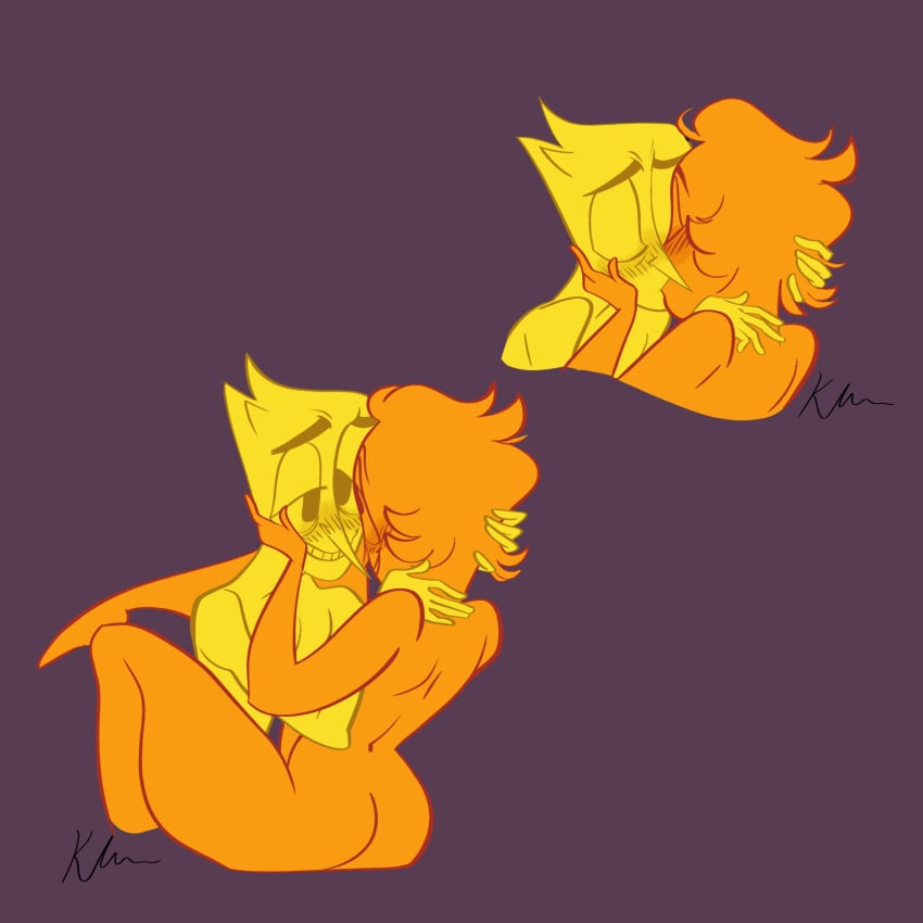 1boy 1futa addison_(deltarune) azblxo blush deltarune embracing_each_other futanari kissing monster orange_addison wholesome yellow_addison