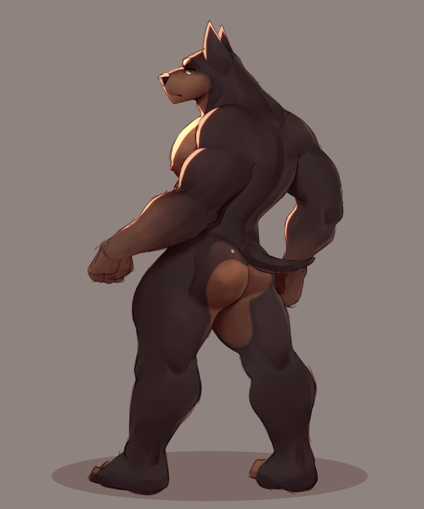 absurd_res angry anthro arms_bent ass bent_arm big_arms black_body brown_body butt_focus canid canine canis dobermann domestic_dog feet hi_res male male/male mammal muscular muscular_anthro muscular_male nipples paws pecs pinscher rear_view red_nipples simple_background snaftfc solo yellow_eyes