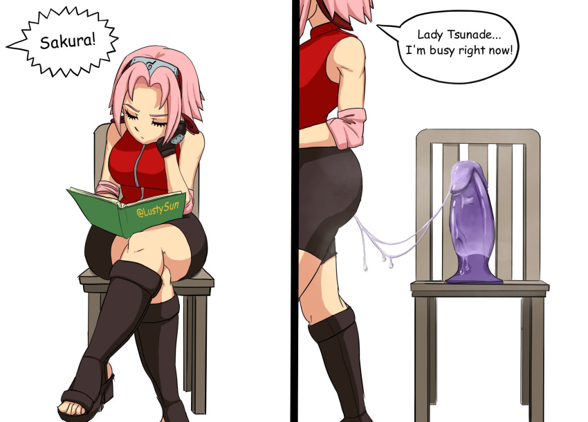 1girls artist_name ass big_ass boots casual closed_eyes crossed_legs dialogue dildo dildo_chair dildo_insertion dildo_reveal dildo_sitting female female_only forehead_protector konohagakure_symbol lustysun naruto naruto_(series) naruto_shippuden pink_hair reading sakura_haruno sandals sex_toy shounen_jump sitting solo text toeless_legwear