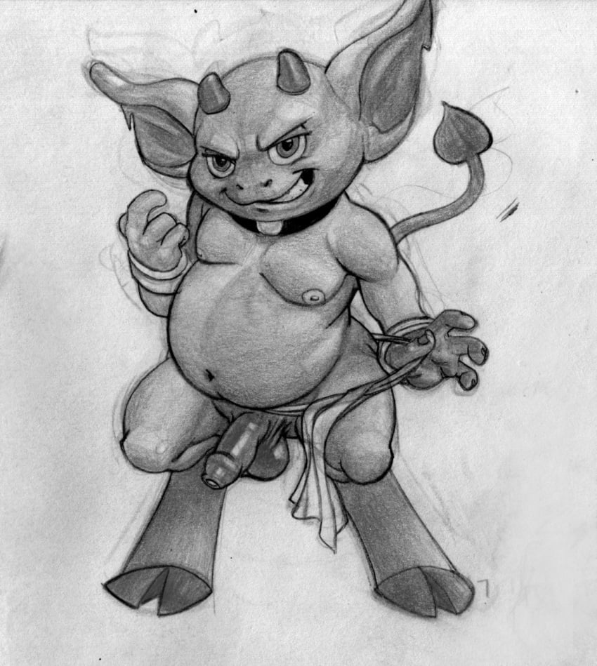 4_fingers balls belly big_ears bottomwear bracelet clothing collar digitigrade fingers foreskin genitals graphite_(artwork) hi_res hooves horn humanoid humanoid_hands imp impiousred jewelry loincloth male monochrome nipples pencil_(artwork) penis red_the_imp simple_background slightly_chubby solo teeth traditional_media_(artwork)