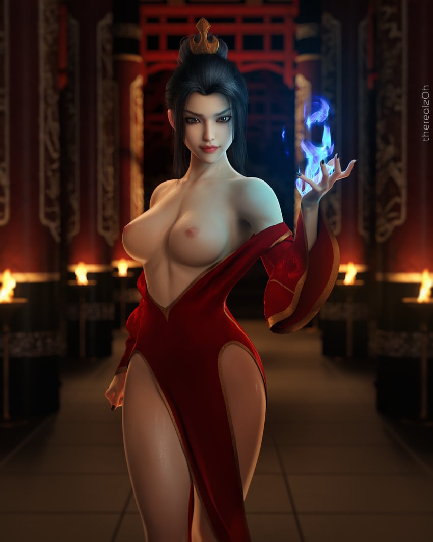 1girls 3d 3d_(artwork) artist_name avatar_the_last_airbender azula background big_breasts black_hair black_nail_polish black_nails breasts casual clothing dress female female_only fire hair_ornament human lips medium_breasts nails nipples pale_skin pelvic_curtain red_dress solo solo_female therealzoh thick_lips thick_thighs thighs topless zoh