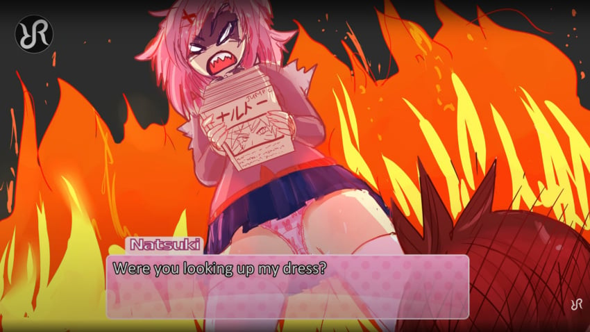 1girls angry blue_skirt book books brown_hair bunny_panties doki_doki_literature_club english_text female female_focus fire frilled_panties frilly_panties human logo low-angle_view natsuki_(doki_doki_literature_club) panties pantyshot pantyshot_(standing) pink_hair pink_panties print_panties skirt solo_focus source_removed teeth_visible text thighs underwear upskirt