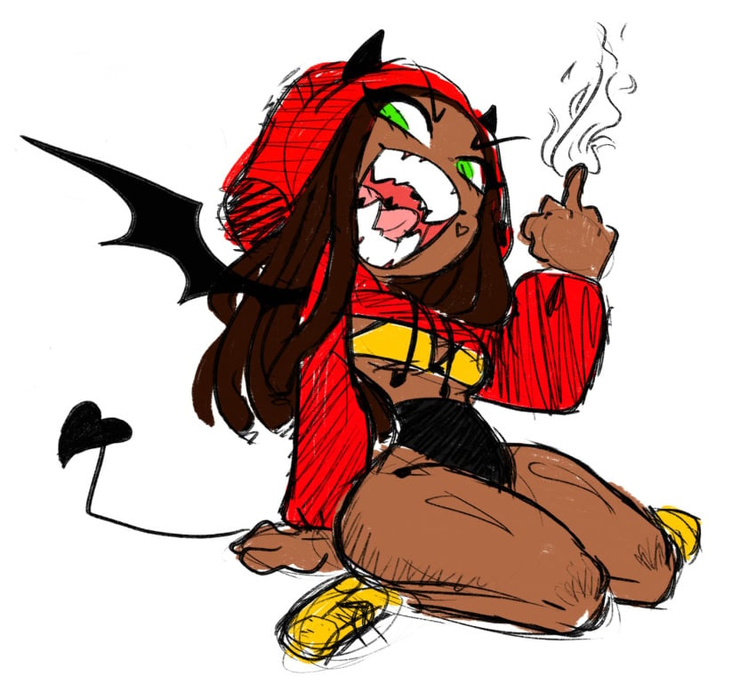 1girls ass bat_wings big_head bra breasts brown_hair cleavage cropped_hoodie cropped_legs dark-skinned_female dark_skin demon demon_girl demon_horns demon_tail demon_wings drawstring dreadlocks female female_focus flipping_off green_eyes hood_up hoodie hourglass_figure long_hair long_sleeves middle_finger midriff ohthesunnyside on_knees red_hoodie sharp_teeth sitting sketch sneakers solo solo_female sunny_(ohthesunnyside) thick_thighs thighs thin_waist underboob white_background yellow_bra yellow_shoes