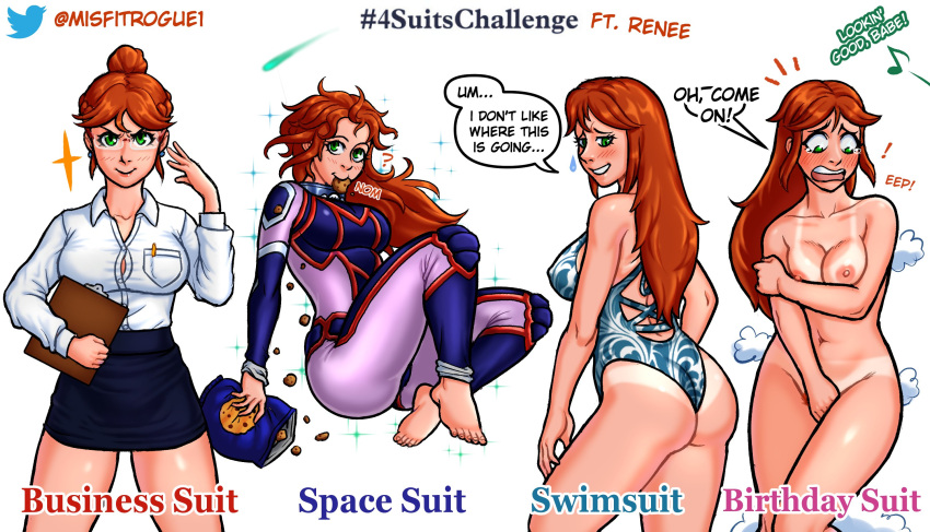 4_suits_challenge ass birthday_suit blush blushing boobs breasts business_suit butt costume_change covering covering_breasts covering_crotch dialogue embarrassed embarrassed_nude_female enf misfitrogue242 naked naked_female nipples nude nude_female renee_(misfitrogue242) space_suit swimsuit tan_lines tits