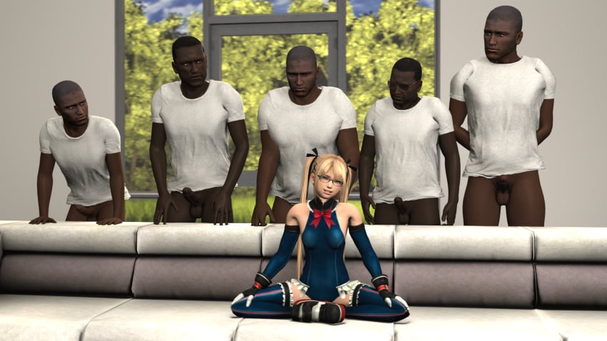 1girls 3d 5boys armwear battlesuit blonde_hair blue_eyes bow clothed clothing couch dark-skinned_male dead_or_alive dead_or_alive_5 detached_sleeves erection female gangbang glasses gloves hair_ribbon imminent_sex interracial legwear leotard light-skinned_female long_hair looking_at_viewer male marie_rose marie_rose_(devilish_servant_against_the_splashing_waves) meme_attire penis petite piper_perri_surrounded rated_l sfm sitting stockings thighhighs twintails