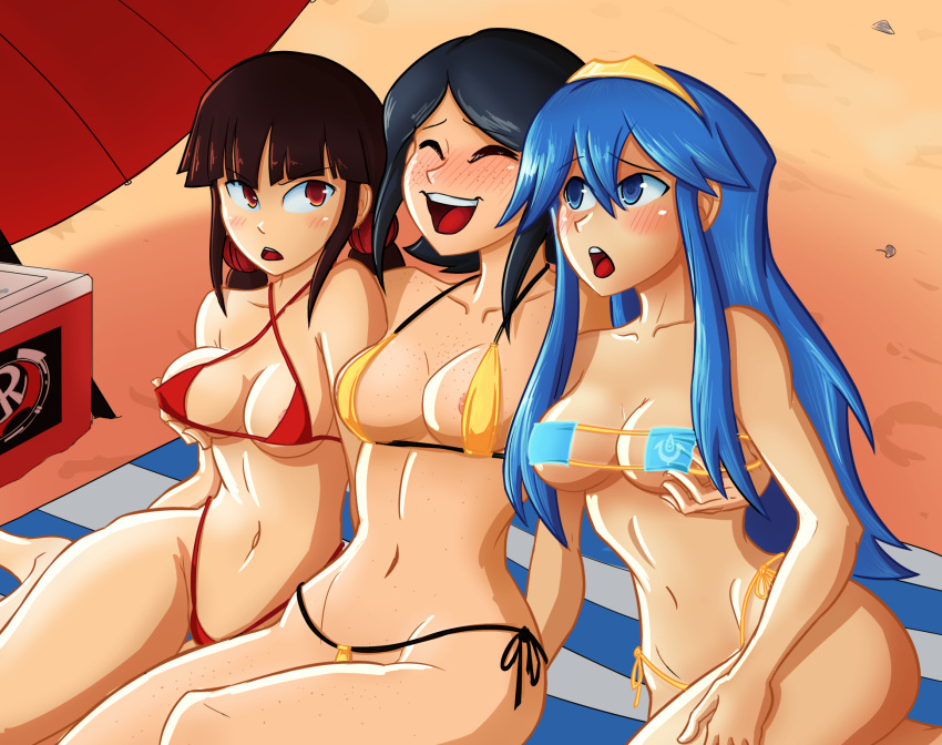 3girls alternate_costume alternate_version_available angry bare_legs bare_thighs beach bikini bikini_bottom bikini_top black_hair blue_bikini blue_eyes blue_hair blue_swimsuit breast_grab breasts cleavage crossover danganronpa danganronpa:_trigger_happy_havoc danganronpa_1 danganronpa_v3 double_breast_grab eyepatch_bikini female_only fire_emblem fire_emblem_awakening freckles frown groping groping_breasts harukawa_maki lagalot laugh legs long_hair lucina_(fire_emblem) medium_breasts mukuro_ikusaba multiple_girls nintendo open_mouth outdoors red_bikini red_eyes red_swimsuit revealing_clothes short_hair sideboob sirlagalot skimpy_bikini smile straight_hair swimsuit symbol-shaped_pupils tan tan_body thighs tiara towel twintails underboob yellow_bikini yellow_swimsuit yuri