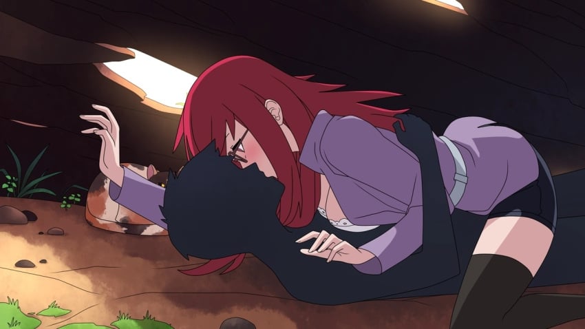 1boy 1girls blush bra breasts breasts_out dinaki embarrassed embrace embracing faceless faceless_male glasses hug hugging jacket kissing lying_down lying_on_back lying_on_person lying_on_stomach male/female matching_hair/eyes naruto naruto_(series) naruto_shippuden on_floor open_clothes outdoors red_eyes red_hair shorts silhouette straddling straight surprised thighhighs uzumaki_karin