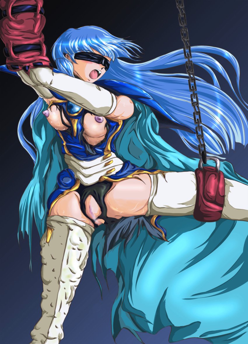 1girls 2010 balklash. blindfold blue_hair bondage breasts censored chains clothing curvaceous female highres human large_breasts long_hair magic_knight_rayearth nipples pale-skinned_female pale_skin panties pussy restrained stockings umi_ryuuzaki