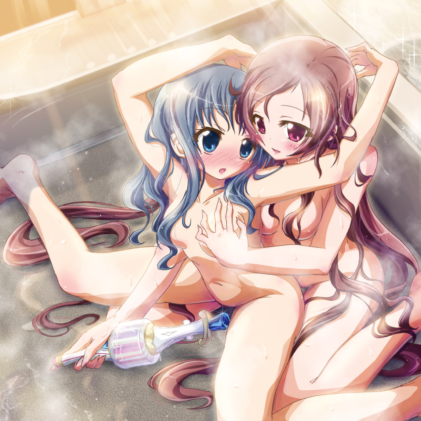 bath blue_eyes blue_hair blush breast_grab breasts erika_kurumi female heartcatch_precure! heartcatch_pretty_cure! highres ikatomo inoshishi_(ikatomo) multiple_girls nude pink_eyes pink_hair precure pretty_cure small_breasts tsubomi_hanasaki wand yuri