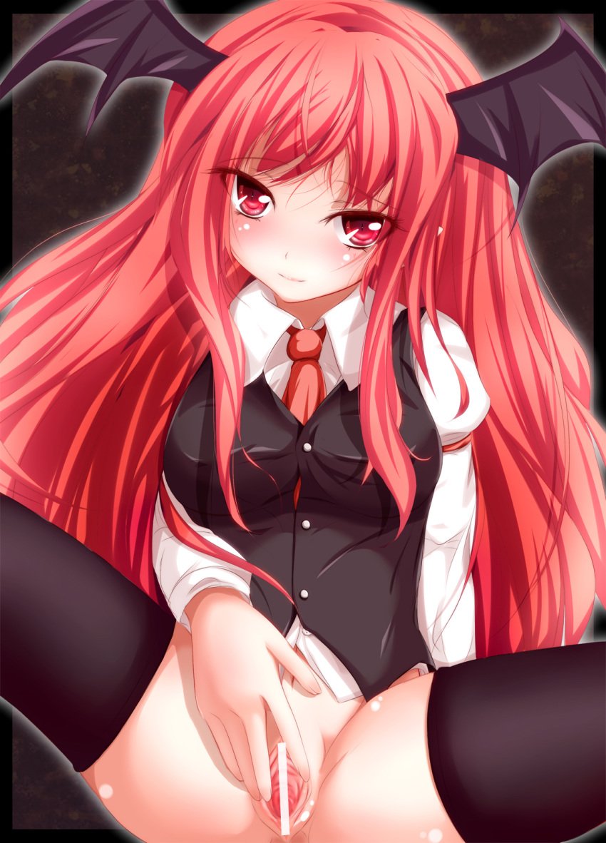 bat_wings black_legwear black_thighhighs bottomless censored furaido head_wings highres koakuma long_hair navel necktie pussy red_eyes red_hair smile solo spread_legs spread_pussy succubus the_embodiment_of_scarlet_devil thighhighs touhou wings