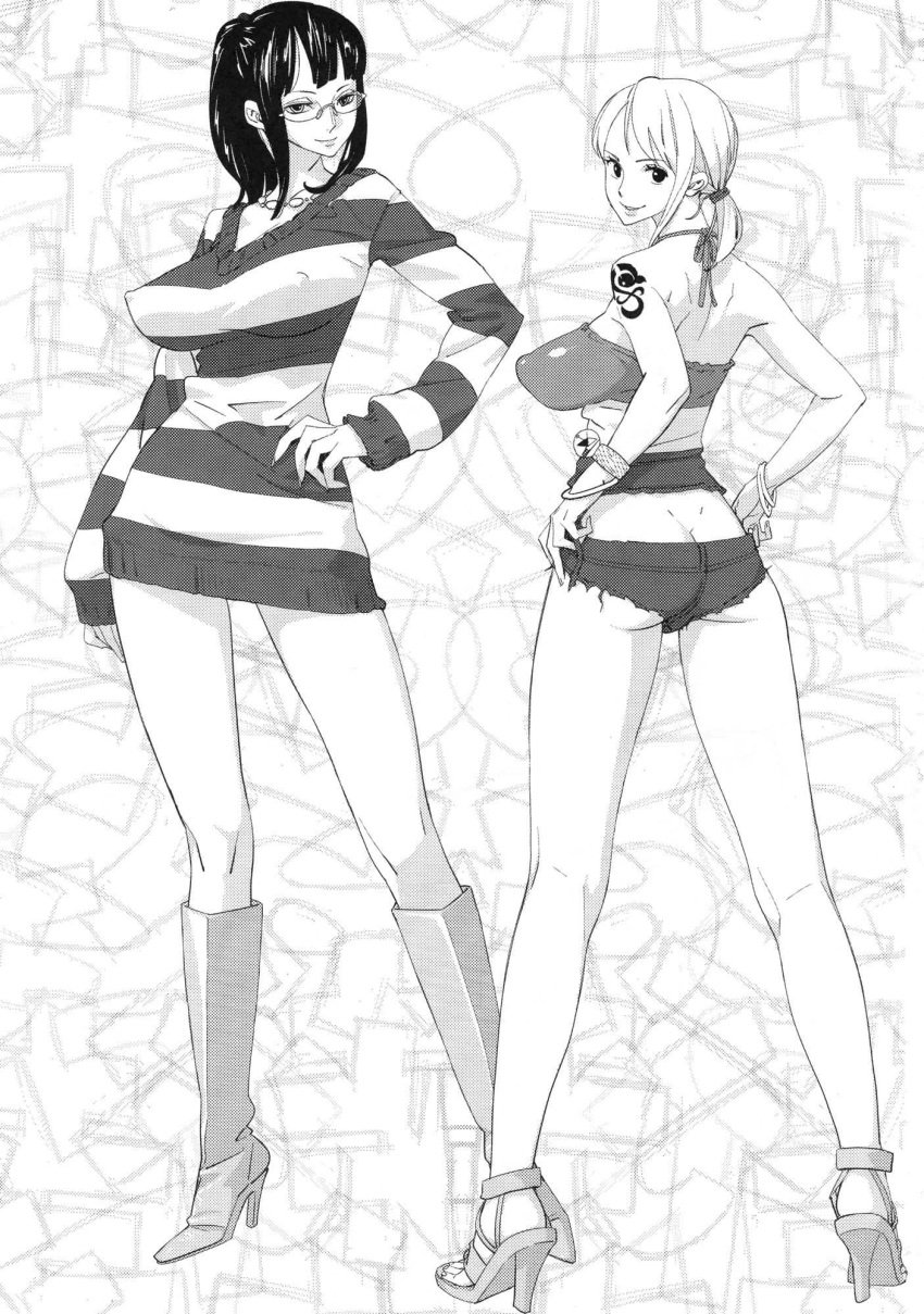 2girls ass bobobo breasts female female_only high_heel_boots high_heels highres large_breasts long_breasts minidress monochrome nami nico_robin one_piece one_piece_film_strong_world pre-timeskip shorts tattoo tight_clothes