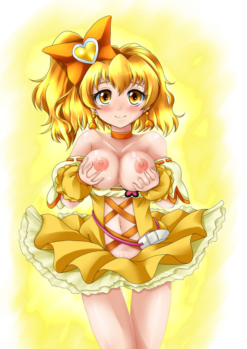 blush bow breast_grab breasts clothing cure_pine dress fresh_precure! fresh_pretty_cure! highres kurogane_(artist) large_breasts magical_girl majesticrune medium_breasts nipples precure pretty_cure smile yamabuki_inori