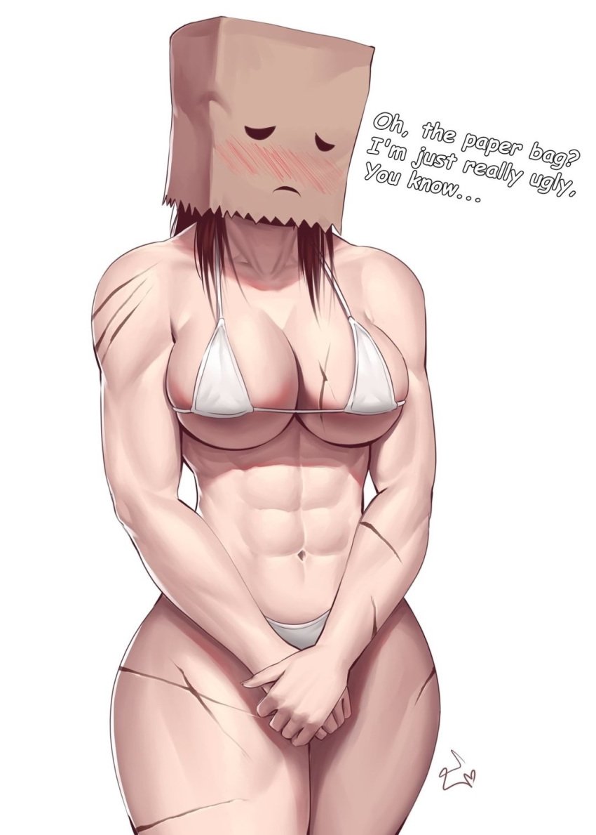 abs bag breasts cleavage clothing dialogue english_text female hair head hi_res muscular_female original original_character paper paper_bag_hat solo speedl00ver text