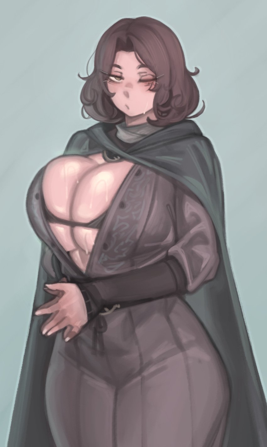 1girls 2022 barely_contained bra breasts brown_hair bursting_breasts busty cleavage cloak elden_ring female female_only fromsoftware hi_res hips huge_breasts kelvin_hiu melina_(elden_ring) short_hair slim_waist solo sweat sweaty_body sweaty_breasts thick_thighs thighs wide_hips you_know_i_had_to_do_it_to_em