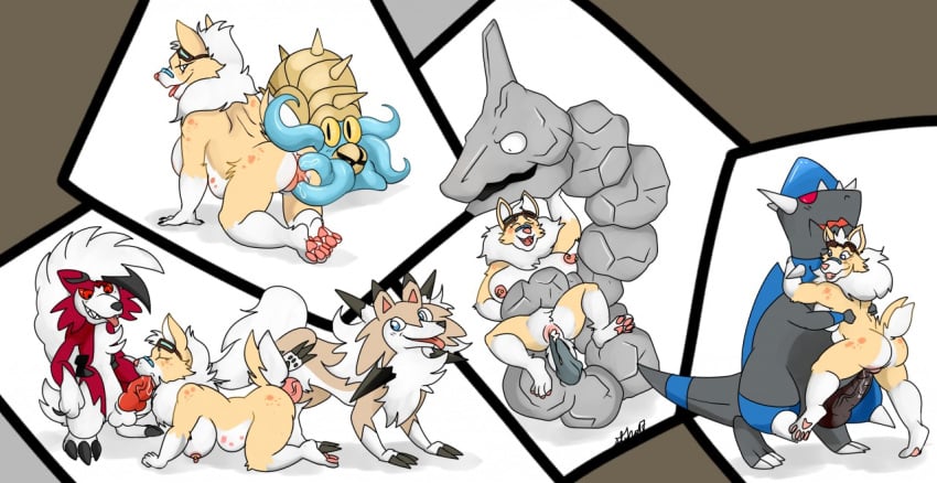 1girls 5boys furry knot lycanroc nelsonnoir omastar onix oral original_character pawpads pokemon pokemon_dppt pokemon_rgby pokemon_sm rampardos tail vaginal