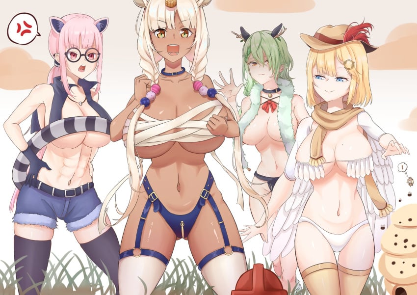 5girls abs beauty_mark big_breasts blonde_hair blue_eyes blue_hair breasts breasts_bigger_than_head brown_skin cat_ears ceres_fauna chest_wraps covered_nipples dark-skinned_female feathers female female_only garter_straps glasses grass green_hair hat hololive hololive_english hololive_english_-council- hololive_english_-promise- hololive_myth hourglass_figure huge_breasts human large_breasts long_hair mori_calliope multiple_girls pale-skinned_female panties pink_eyes pink_hair revealing_clothes round_glasses short_hair shorts smol_ame thighhighs thighs toned toned_female tsukumo_sana virtual_youtuber watson_amelia white_hair wrapped_breasts wraps yellow_eyes youtube youtuber zxar131