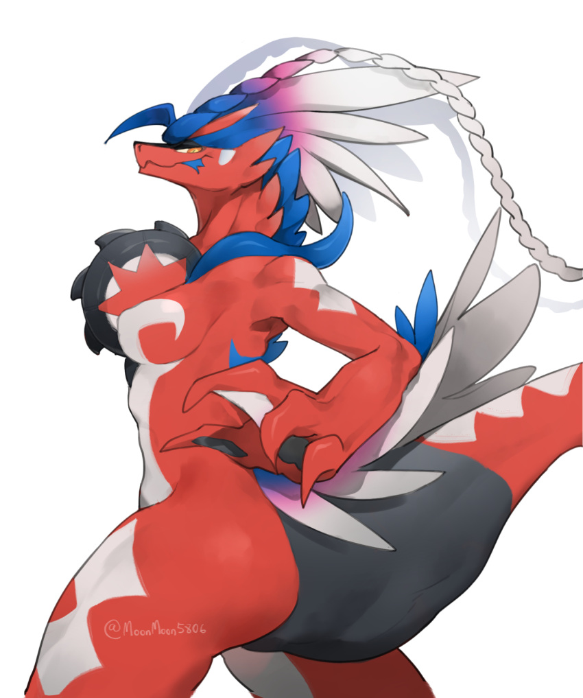 anthro breasts dragon feathers featureless_breasts female hi_res koraidon legendary_pokemon moonmoon5806 nintendo no_nipples nude pokémon_(species) pokemon pokemon_(species) pokemon_sv red_body solo tire tongue video_games