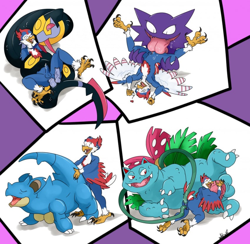 anthro avian beak cunnilingus diphallia diphallism furry gay haunter hemipenes multi_penis nelsonnoir nidoqueen open_mouth original_character penis pokemon pokemon_(species) pokemon_rgby pokemon_rse seviper venusaur yaoi