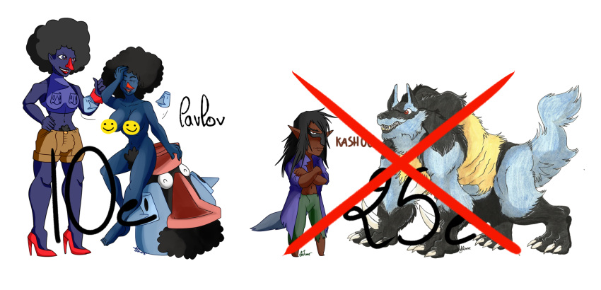 adoptable afro blue_skin censored furry heels humanized large_breasts lucario nelsonnoir nosepass pokemon pokemon_(species) pokemon_dppt pokemon_rse probopass pubic_hair red_nose