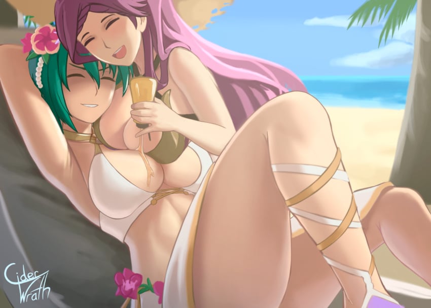 2girls alternate_costume armpits arms_behind_head bare_legs beach bikini breasts ciderwrath cleavage closed_eyes female female_only fire_emblem fire_emblem_heroes flower green_hair grin hair_flower large_breasts legs light-skinned_female light_skin loki_(fire_emblem) loki_(summer)_(fire_emblem) long_hair multiple_girls nintendo oceanic_dolphin official_alternate_costume open_mouth outdoors purple_hair sandals short_hair sitting smile swimsuit thorr_(fire_emblem) thorr_(summer)_(fire_emblem) violet_hair white_bikini white_swimsuit