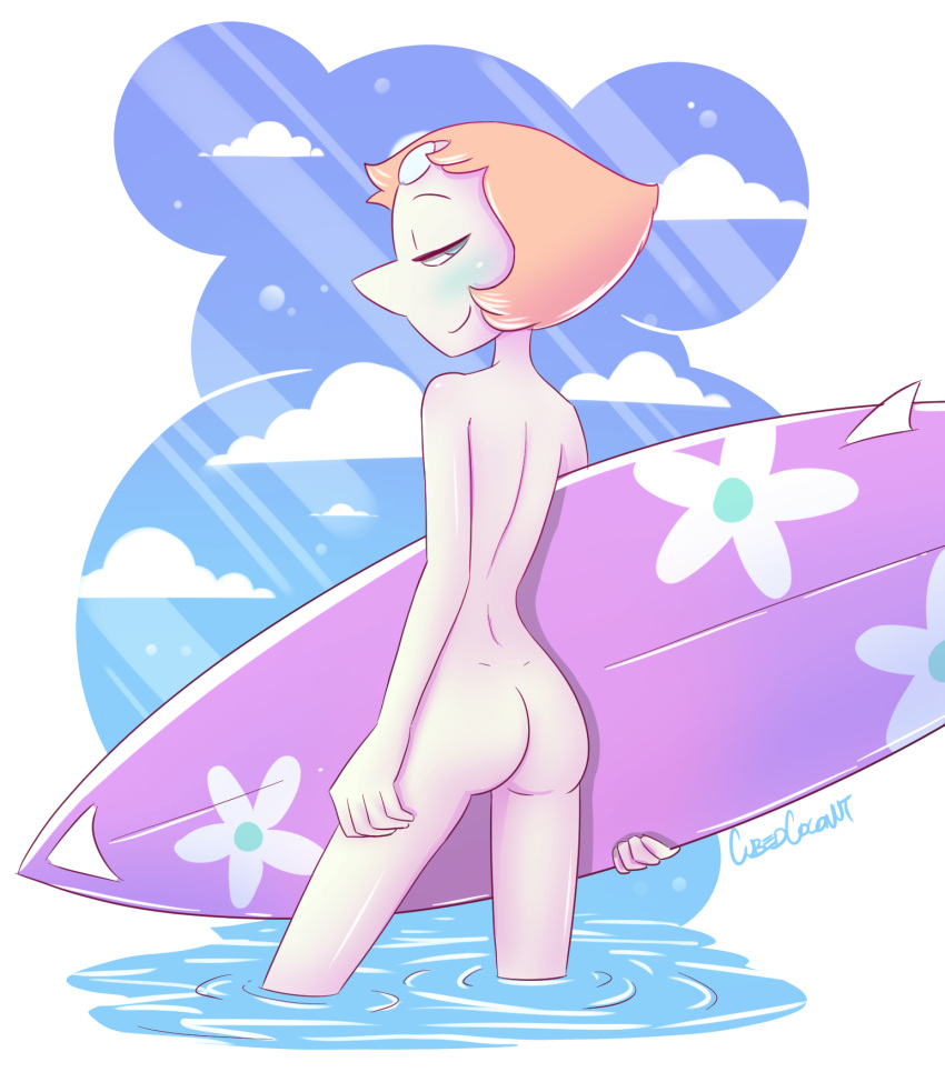 alien alien_girl ass bare_back blush blushing completely_nude completely_nude_female cubedcoconut looking_at_viewer orange_hair pearl_(steven_universe) pointy_nose smiling steven_universe surfboard surfer