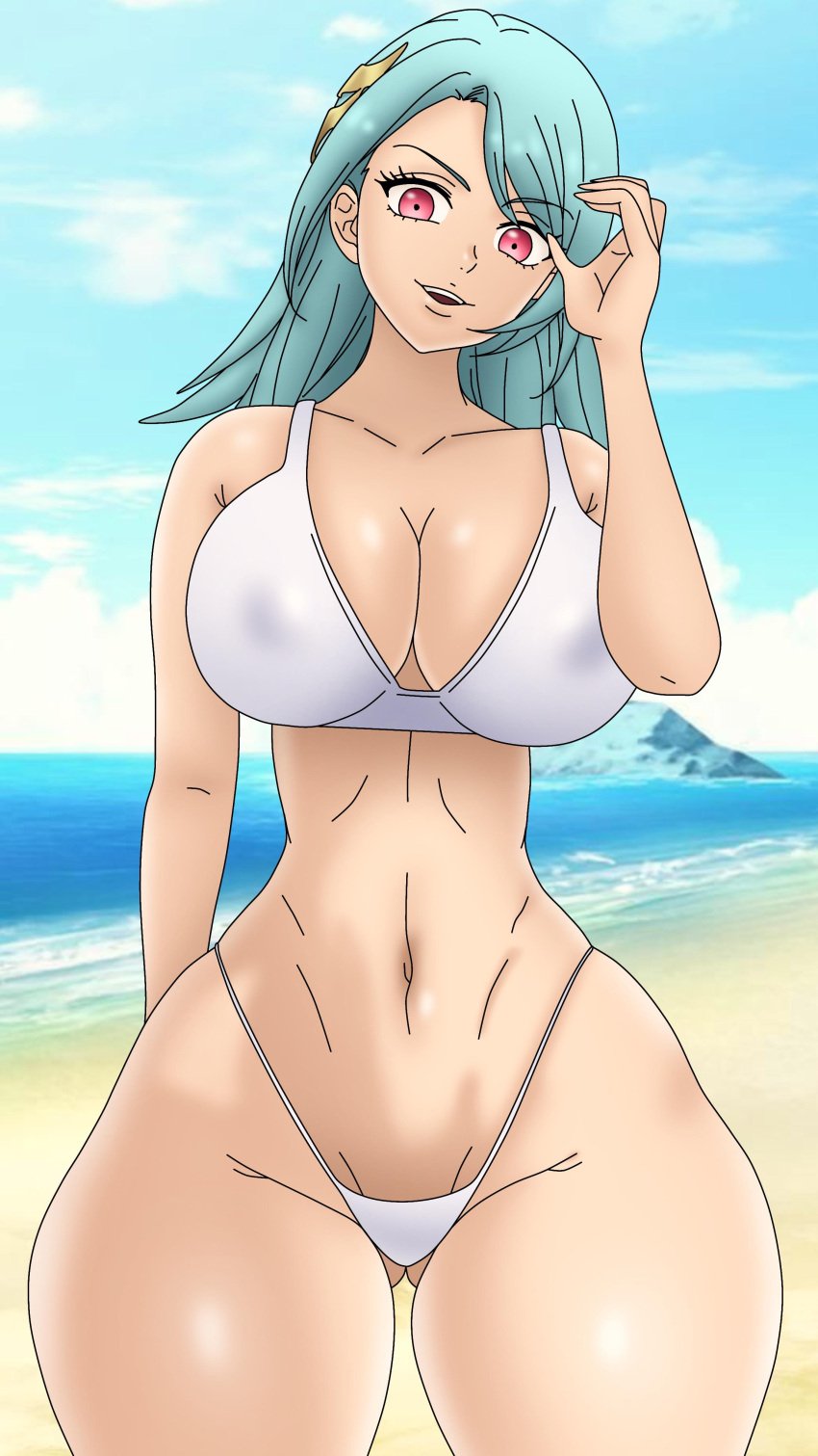 1girls aqua_hair arm_behind_back ass_visible_through_thighs belly belly_button big_breasts bikini blue_hair breasts chimeraindura eastin_(nanatsu_no_taizai) eastin_amabyllis hair_ornament hand_on_hair hand_on_head hourglass_figure huge_breasts long_hair looking_at_viewer nanatsu_no_taizai nanatsu_no_taizai_hikari_to_yami_no_grand_cross narrow_shoulders pink_eyes smile smiling smiling_at_viewer sole_female solo solo_female swimsuit tagme the_seven_deadly_sins thick_as_fuck thick_thighs thin_arms thin_waist thong turquoise_hair voluptuous white_bikini white_swimsuit white_thong wide_hips