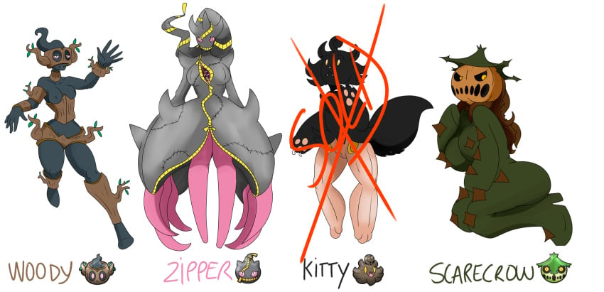 4girls banette cacturne eyelashes feline female_only furry humanized kneeling large_breasts mega_banette monster monster_girl nelsonnoir pawpads phantump pokemon pokemon_(species) pokemon_rse pokemon_xy pumpkaboo pumpkin tail