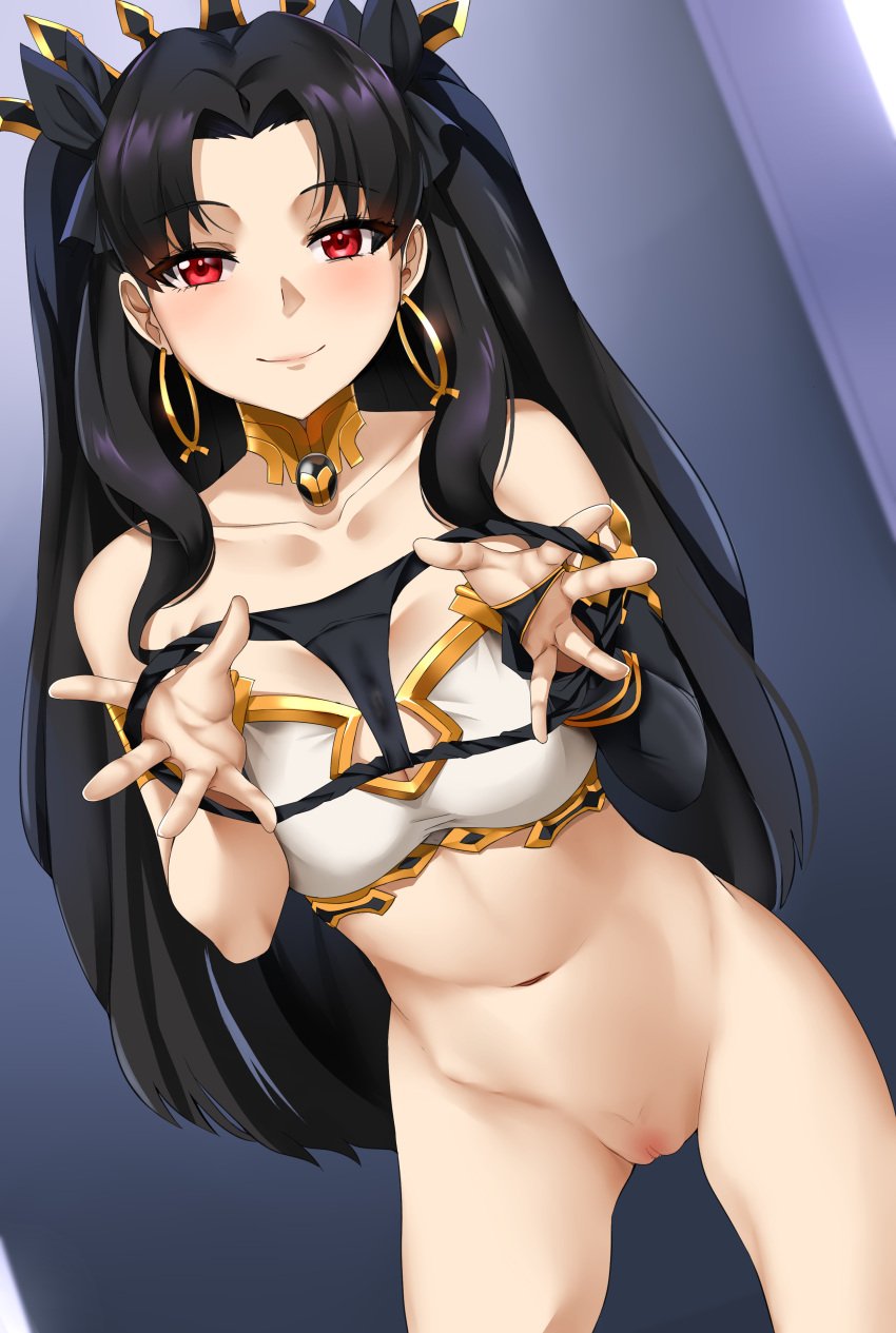 1girls black_hair black_panties bottomless fate/grand_order fate_(series) hair_ornament ishtar_(fate) long_hair looking_at_viewer panties panties_removed presenting_panties pussy_juice_stain red_eyes solo standing twintails wet_panties xkit69