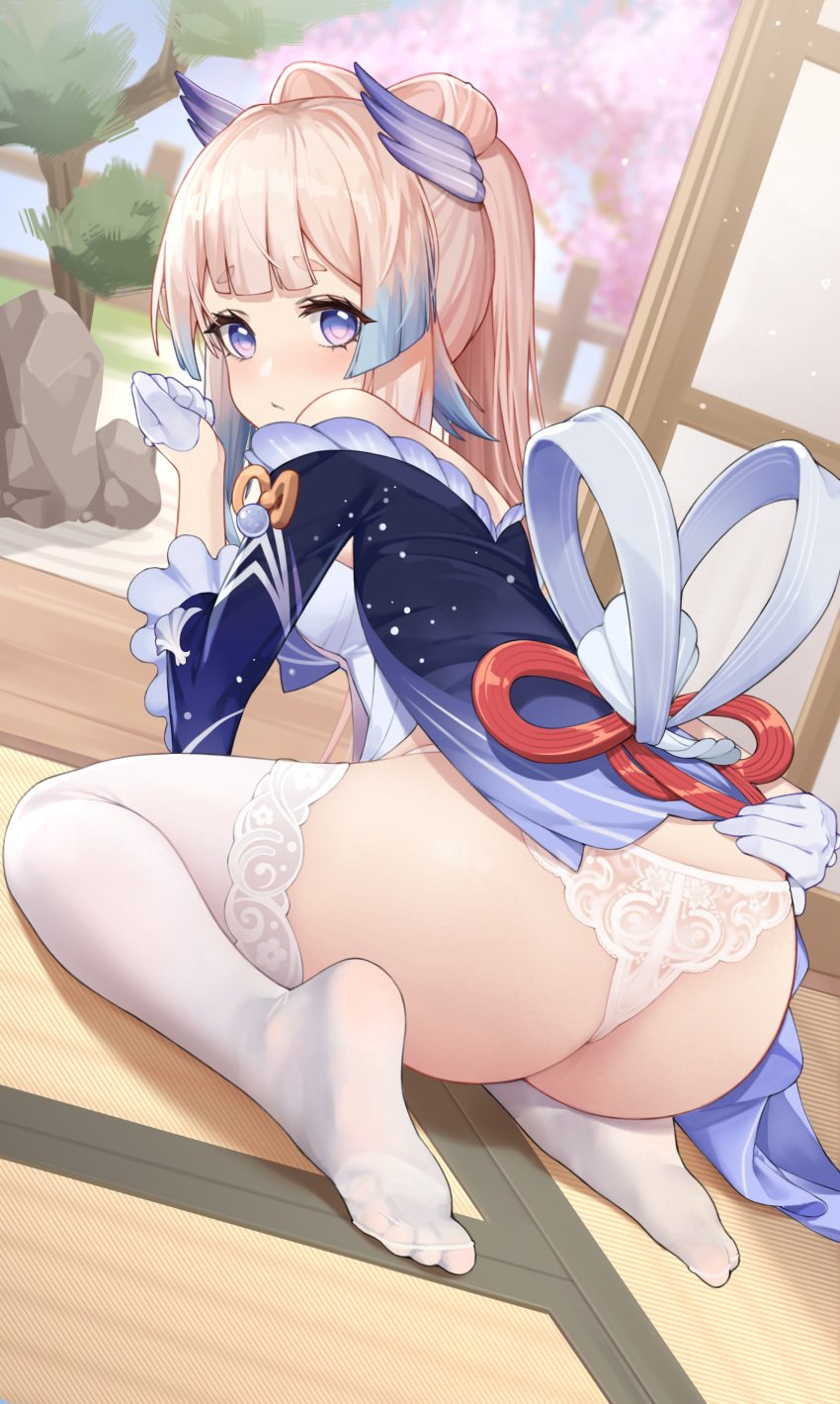 1girls ass back feet female female_only from_behind genshin_impact gloves hi_res hyouuma lingerie looking_at_viewer looking_back mihoyo panties pink_hair sangonomiya_kokomi soles solo solo_female thick_thighs thighhighs thighs toes underwear white_panties