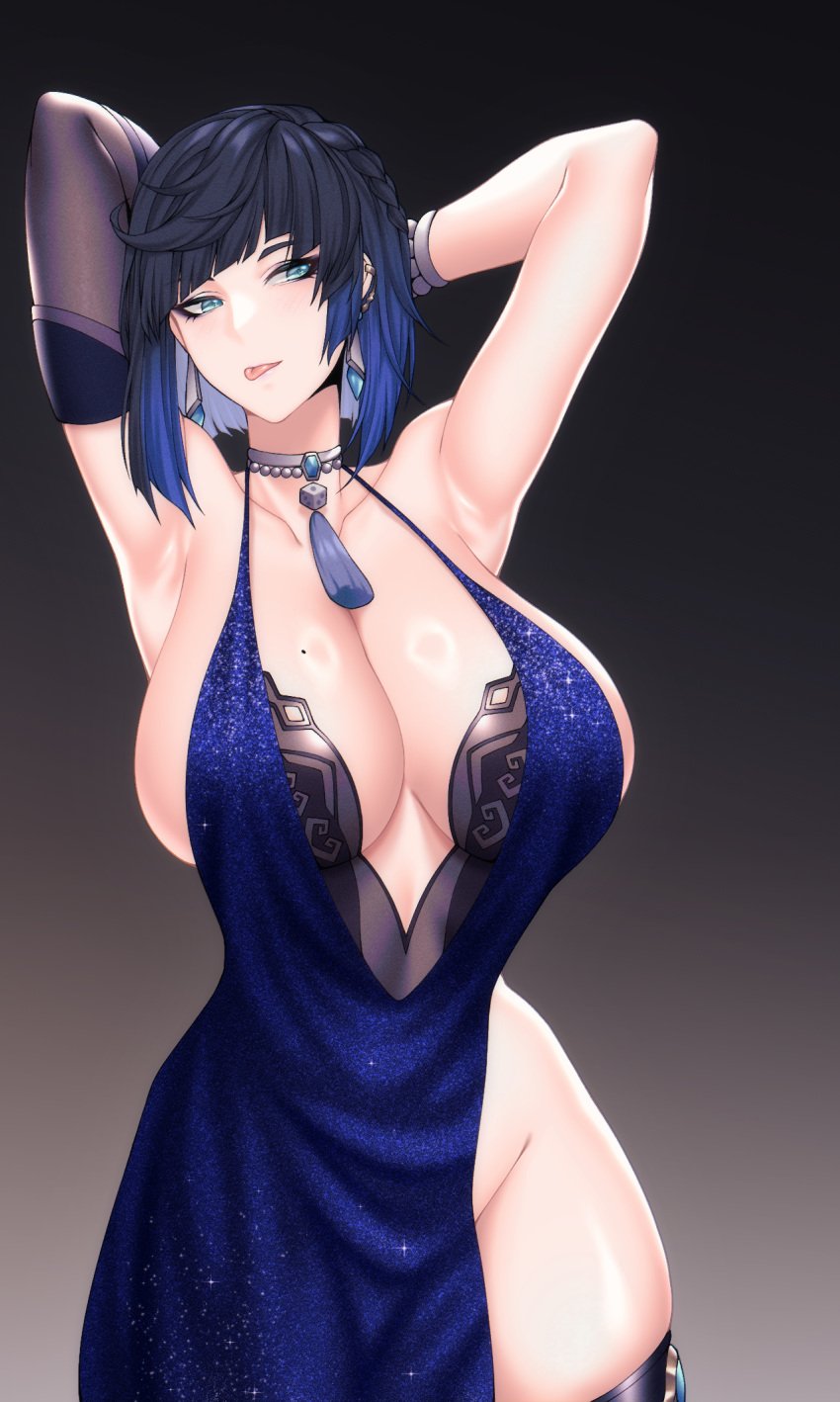 1girls armpits arms_up blue_hair boob_window breasts busty cero_rains female female_only genshin_impact hourglass_figure huge_breasts light-skinned_female light_skin milf mole mole_on_breast no_panties short_hair solo thick_thighs tongue_out wide_hips yelan_(genshin_impact)