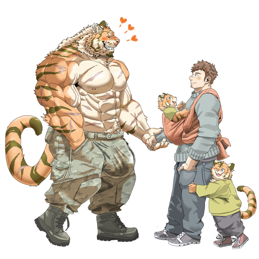 abs anthro baby_carrier big_bulge big_muscles blush boots bottomwear brown_hair bulge cargo_pants chan_kiti_chan_(artist) chest_scar clothing duo embrace family father father_and_child father_and_son felid footwear fur grin hair hand_holding heart hi_res holding_partner hug human human_on_anthro interspecies larger_anthro larger_male male male/male mammal multicolored_body multicolored_fur muscular muscular_anthro muscular_male navel orange_body orange_fur pantherine pants parent parent_and_child pecs romantic romantic_couple scar shirtless shirtless_male size_difference smaller_human smaller_male smile son striped_body striped_fur stripes sweater tiger topwear white_body white_fur white_hair young